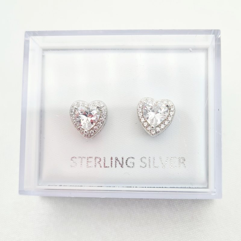 925 Sterling Silver Elevated Cubic Zirconia Heart Stud Earrings - Image 7