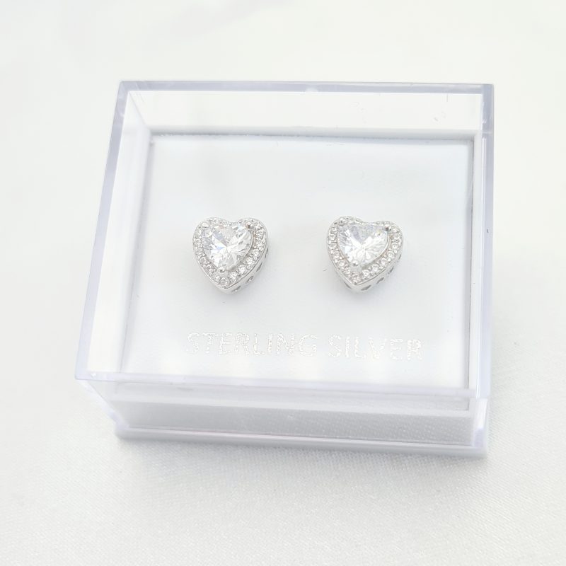 925 Sterling Silver Elevated Cubic Zirconia Heart Stud Earrings - Image 8