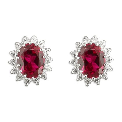 Silver Synthetic Ruby Cubic Zirconia Oval Cluster Earrings