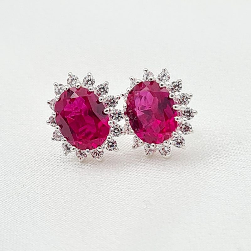 Silver Synthetic Ruby Cubic Zirconia Oval Cluster Earrings - Image 3