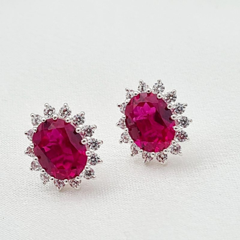 Silver Synthetic Ruby Cubic Zirconia Oval Cluster Earrings - Image 2