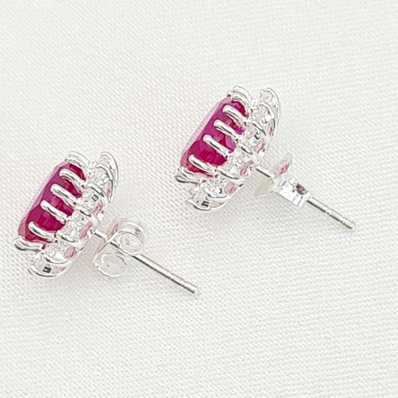 Silver Synthetic Ruby Cubic Zirconia Oval Cluster Earrings - Image 4