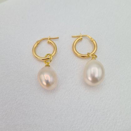 18ct Gold 12mm Freshwater Pearl Charm Hoop Earrings