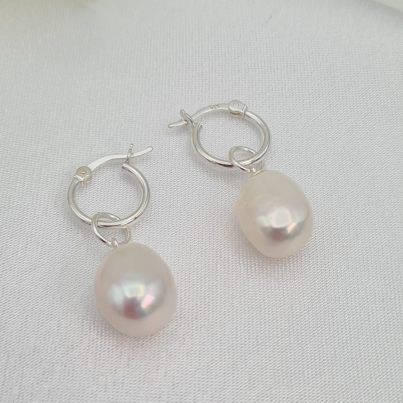 Sterling Silver 12mm Freshwater Pearl Charm Hoop Earrings