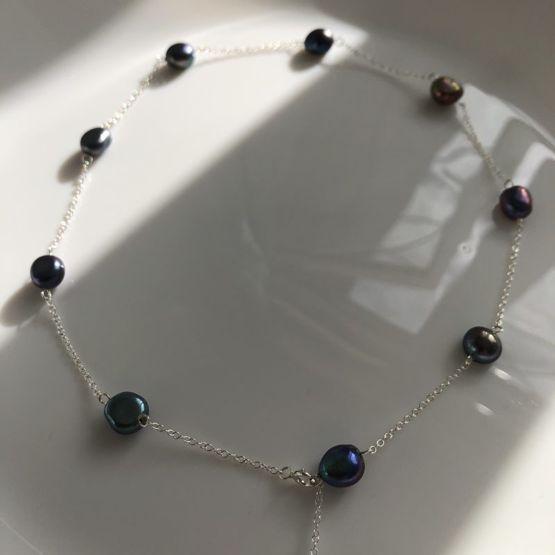 Black/Purple 925 Sterling Silver Freshwater Pearl Plunge Necklace 50cm - Image 3