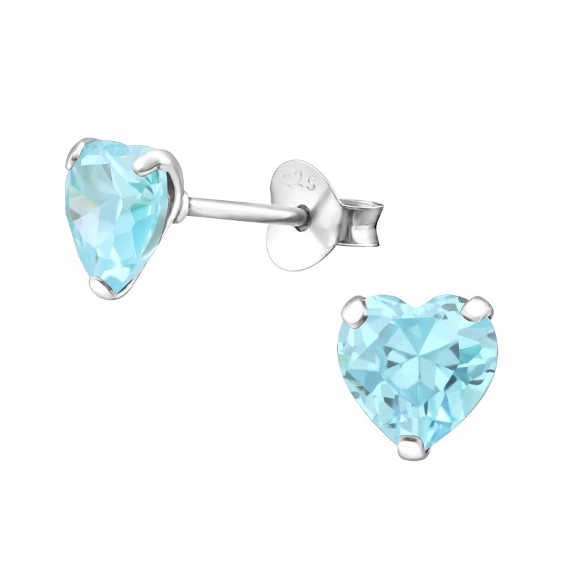 925 Sterling Silver Cubic Zirconia Aquamarine Heart Stud Earrings 6mm