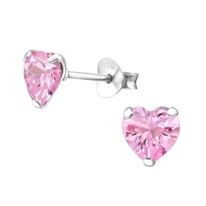 925 Sterling Silver Cubic Zirconia Pink Heart Stud Earrings 6mm