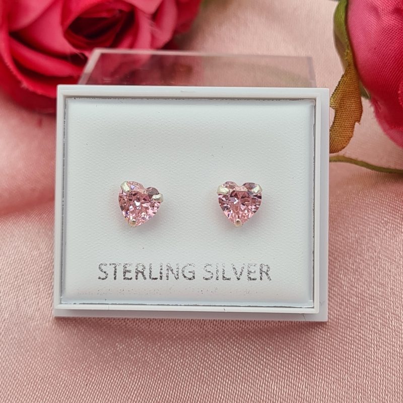 925 Sterling Silver Cubic Zirconia Pink Heart Stud Earrings 6mm - Image 3