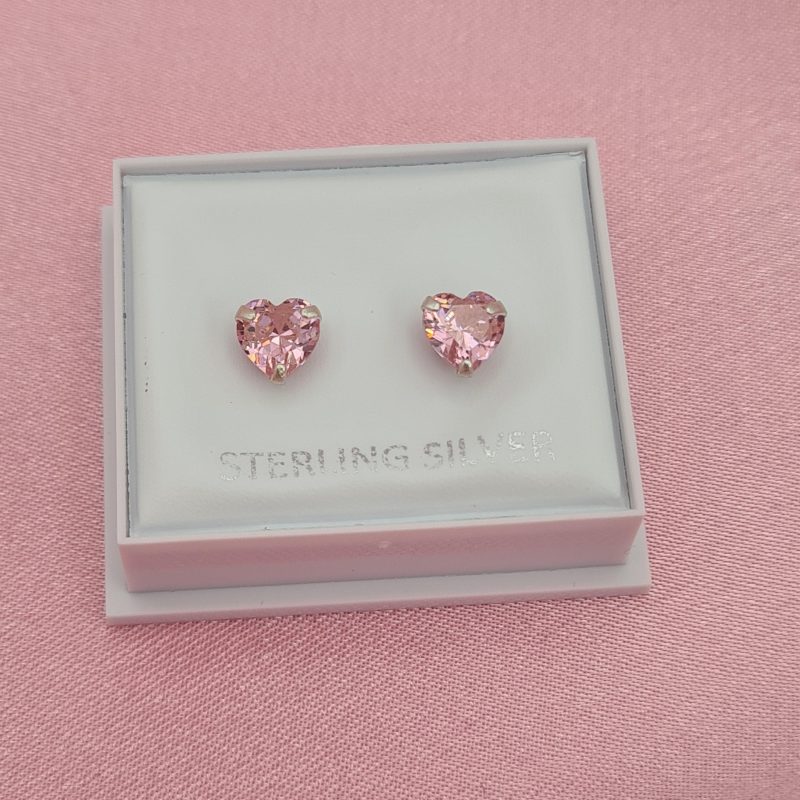 925 Sterling Silver Cubic Zirconia Pink Heart Stud Earrings 6mm - Image 2