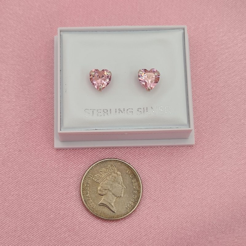 925 Sterling Silver Cubic Zirconia Pink Heart Stud Earrings 6mm - Image 5