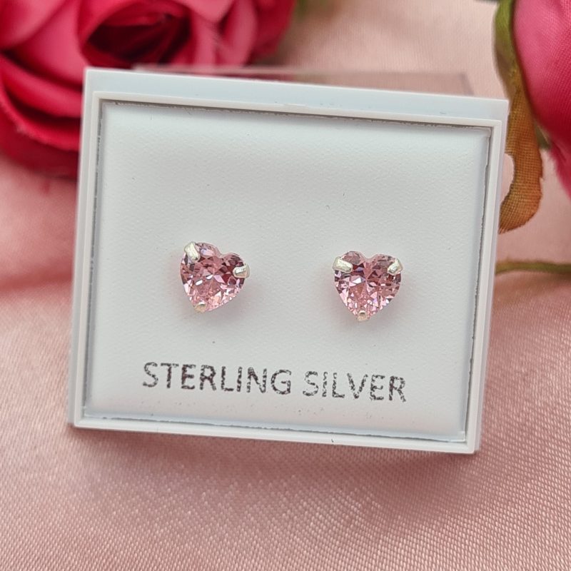 925 Sterling Silver Cubic Zirconia Pink Heart Stud Earrings 6mm - Image 4