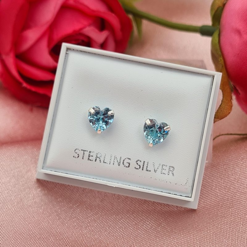 925 Sterling Silver Cubic Zirconia Aquamarine Heart Stud Earrings 6mm