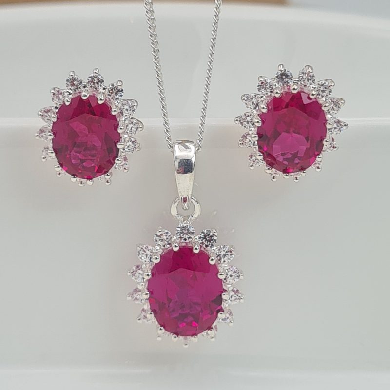 Silver Ruby Cubic Zirconia Oval Cluster Valentine Necklace & Earrings Set