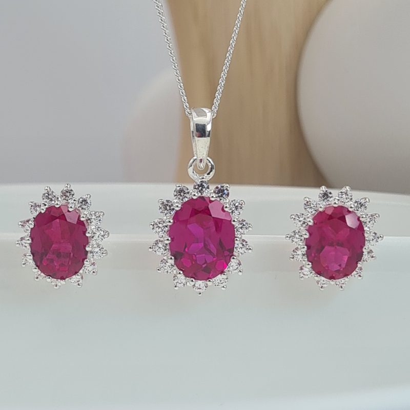 Silver Ruby Cubic Zirconia Oval Cluster Valentine Necklace & Earrings Set - Image 2