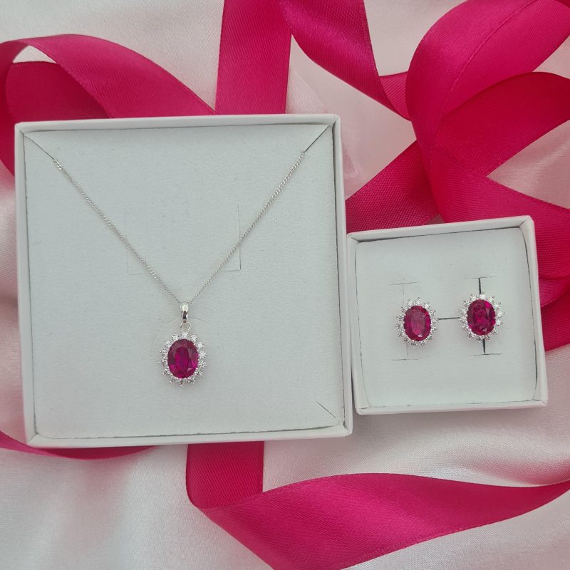 Silver Ruby Cubic Zirconia Oval Cluster Valentine Necklace & Earrings Set - Image 4