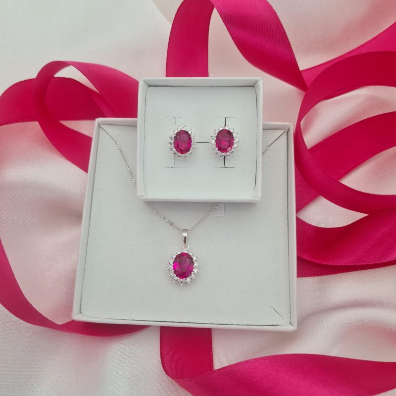 Silver Ruby Cubic Zirconia Oval Cluster Valentine Necklace & Earrings Set - Image 5