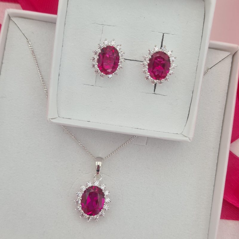 Silver Ruby Cubic Zirconia Oval Cluster Valentine Necklace & Earrings Set - Image 6