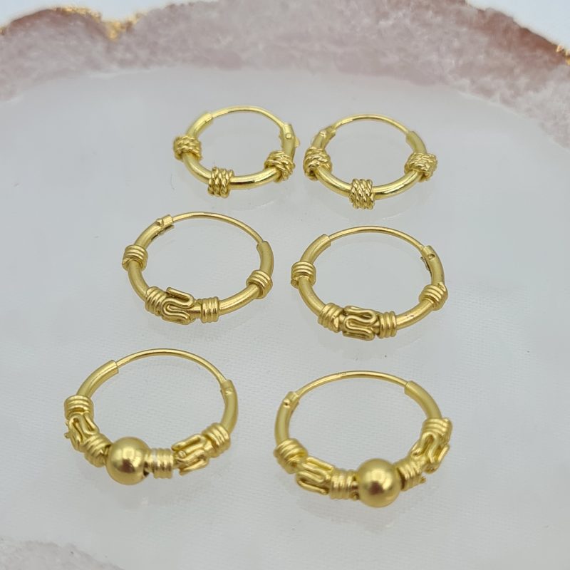 Set of Three 10mm/12mm 24ct Gold on 925 Sterling Silver Bali Ethnic Hoop Earrings - Image 5