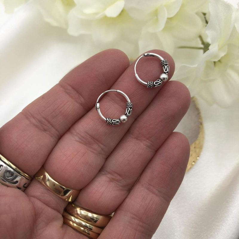 Set of Three 12mm 925 Sterling Silver Bali Ethnic Hoop Earrings - Image 5