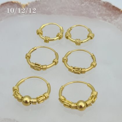 Set of Three 10mm/12mm 24ct Gold on 925 Sterling Silver Bali Ethnic Hoop Earrings