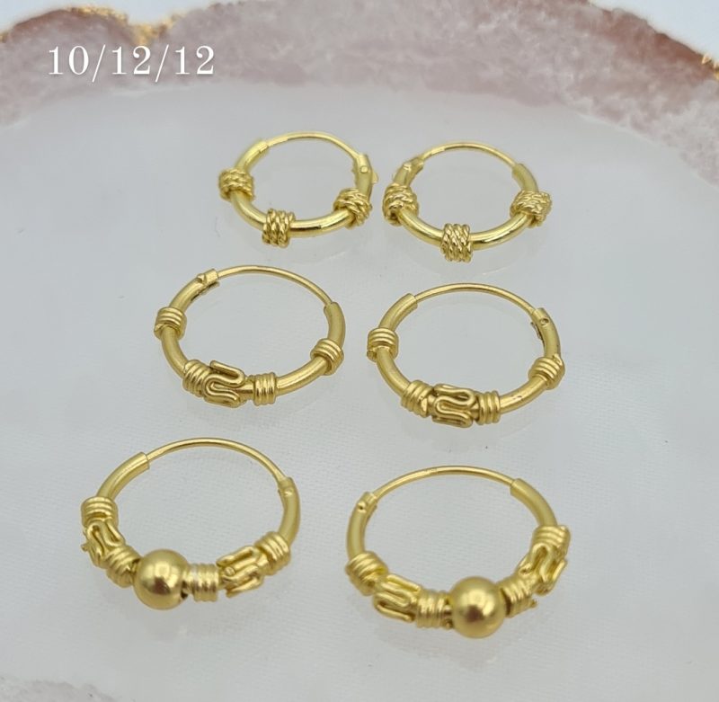 Set of Three 10mm/12mm 24ct Gold on 925 Sterling Silver Bali Ethnic Hoop Earrings