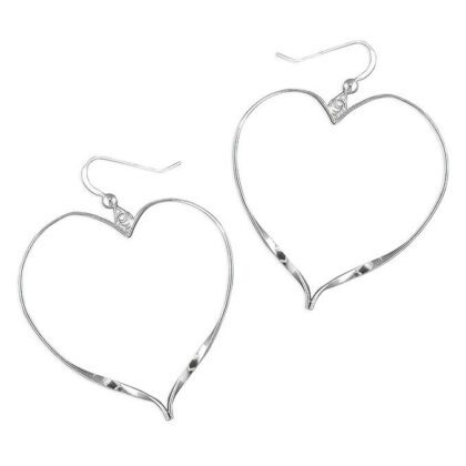 925 Sterling Silver Large Twisted Wire Heart Drop Hoop Style Earrings